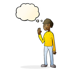 cartoon waving man with thought bubble