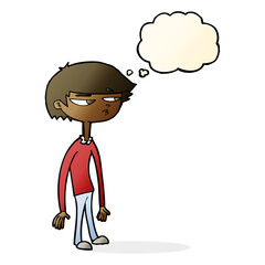 cartoon suspicious boy with thought bubble