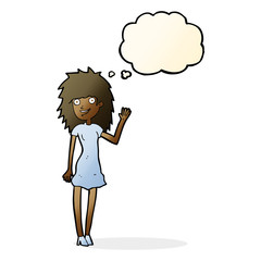 cartoon happy woman waving with thought bubble