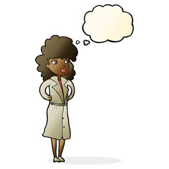 cartoon woman in trench coat with thought bubble