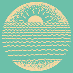 Sea sunset with sun, sea waves and sand.