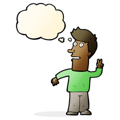 cartoon man making peace sign with thought bubble