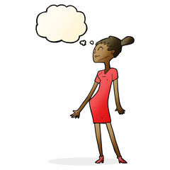 cartoon woman in dress with thought bubble