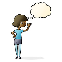 cartoon friendly girl waving with thought bubble