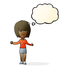 cartoon woman shrugging shoulders with thought bubble