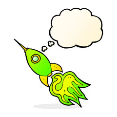 cartoon space rocket with thought bubble