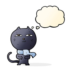 cartoon funny cat wearing scarf with thought bubble