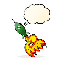 cartoon space rocket with thought bubble