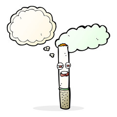 cartoon happy cigarette with thought bubble