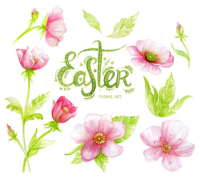 Watercolor floral set with pink flowers and hand drawing letters (word Easter). Colorful floral collection. Floral elements for your compositions. Design for invitation, wedding or greeting cards.
