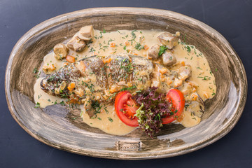 fried fish with mushroom souce
