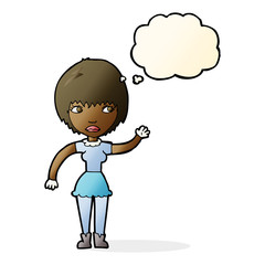 cartoon waving woman with thought bubble