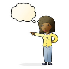 cartoon woman pointing with thought bubble