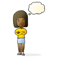 cartoon woman with crossed arms with thought bubble