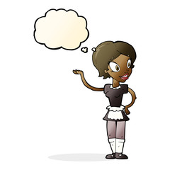 cartoon woman in maid costume with thought bubble