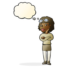 cartoon woman with crossed arms and safety goggles with thought