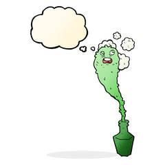 cartoon spooky ghost in bottle with thought bubble