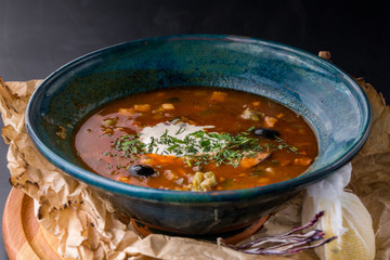 Meat soup with vegetables.