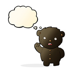 cartoon unhappy black teddy bear with thought bubble