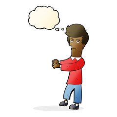 cartoon bored man showing the way with thought bubble