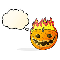 cartoon spooky pumpkin with thought bubble