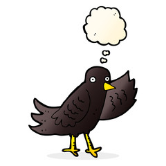 cartoon waving bird with thought bubble