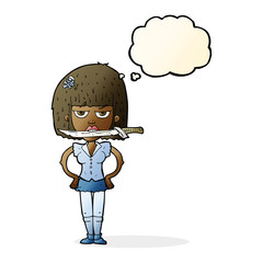 cartoon woman with knife between teeth with thought bubble