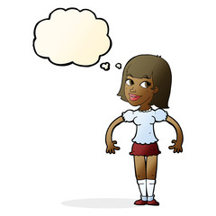 cartoon woman shrugging shoulders with thought bubble