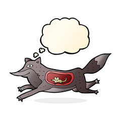 cartoon wolf with mouse in belly with thought bubble