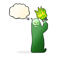cartoon waving halloween ghoul with thought bubble