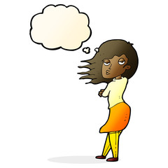 cartoon woman making photo face with thought bubble