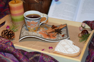 Winter evening an hot coffee with spices 