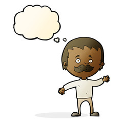 cartoon man with mustache waving with thought bubble