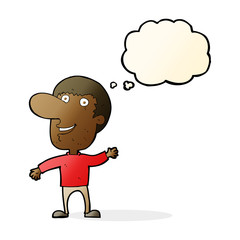 cartoon waving man with thought bubble