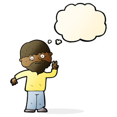 cartoon man giving peace sign with thought bubble