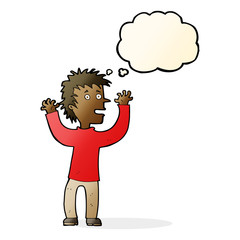 cartoon excited boy with thought bubble