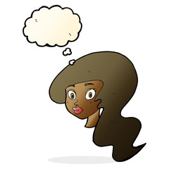 cartoon pretty female face with thought bubble