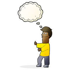 cartoon man gesturing with thought bubble