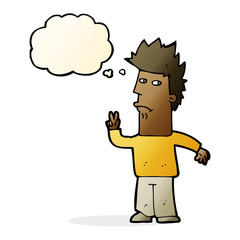 Fototapeta premium cartoon man giving peace sign with thought bubble