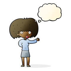 cartoon woman gesturing with thought bubble