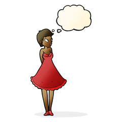 cartoon pretty woman in dress with thought bubble