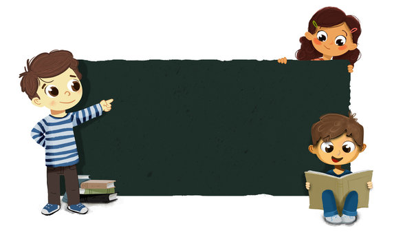 Grupo de ni&ntilde;os amigos con tablero o pizarra amigos