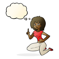 cartoon sitting woman with idea with thought bubble