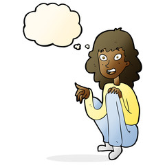 cartoon happy woman sitting and pointing with thought bubble