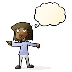 cartoon happy woman pointing with thought bubble