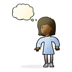 cartoon cautious woman with thought bubble
