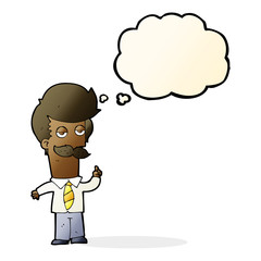 cartoon man with mustache explaining with thought bubble