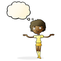 cartoon woman spreading arms with thought bubble