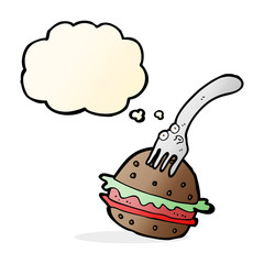 cartoon fork and burger with thought bubble