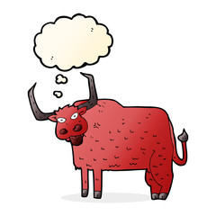 cartoon hairy cow with thought bubble